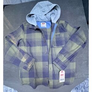 Levi's Boys Hooded Plaid Flannel Shirt Jacket NWT Size Large 12-13 Green Blue